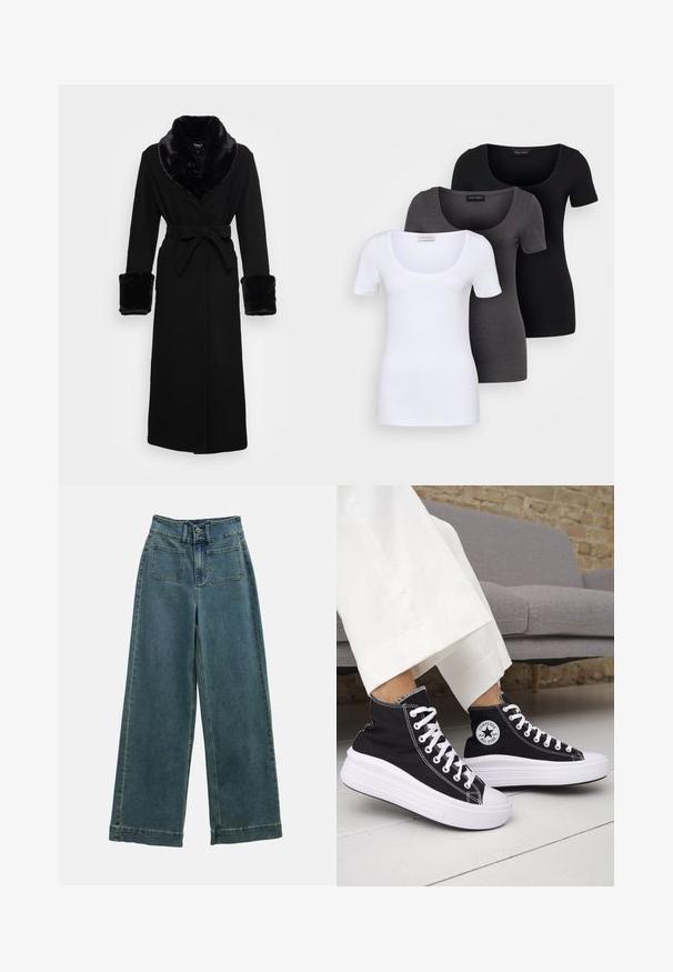 Roupa preta com um colarinho e punhos em pelagem sintética, cintura cingida, mangas longas e barra reta. Textura suave, design elegante.; Três t-shirts ajustadas em branco, cinza e preto. Cada uma possui um decote amplo e mangas curtas. Feitas de um tecido liso e elástico.; Calças de ganga de perna larga em azul desbotado, apresentando uma cintura alta, dois bolsos frontais e um fecho clássico com botão. O tecido tem uma textura suave e lisa.; Ténis pretos de cano alto com solas e atacadores em borracha branca. Apresentam um emblema redondo e costuras contrastantes em branco. Material em lona.