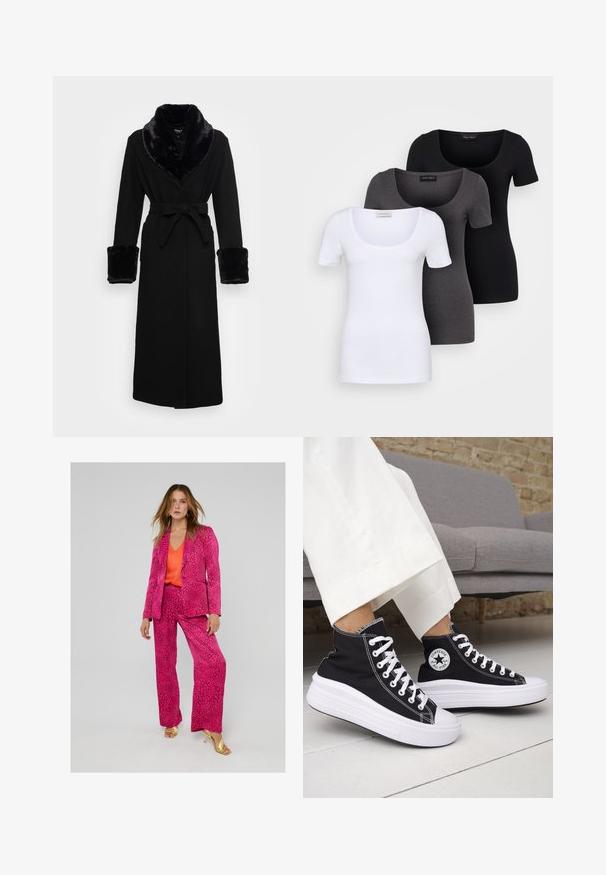 Svart kappa med en fuskpälskrage och manschetter, bälte i midjan, långa ärmar och rak fåll. Slät textur, elegant design.; Tre åtsittande T-shirts i vitt, grått och svart. Var och en har en bred rundad halsringning och korta ärmar. Tillverkade av mjukt, stretcht tyg.; Rosa leopardmönstrad kostym med en figursydd kavaj och vida byxor, matchad med en orange V-ringad topp och guldhöga klacksandaler.; Svarta höga sneakers med vita gummisulor och snören. Har en rund logotypmärke och kontrasterande vita sömmar. Tillverkade av canvasmaterial.