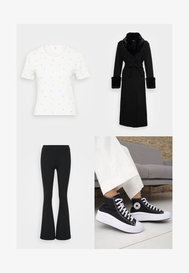 Schwarzer Umhang mit einem Kragen und Bündchen aus Kunstfell, tailliert, langen Ärmeln und geradem Saum. Glatte Textur, elegantes Design.; Weißes T-Shirt mit kurzen Ärmeln und kleinen, bunten Ananas-Prints. Mit Rundhalsausschnitt und weichem, strukturiertem Stoff.; Schwarze, ausgestellte Hosen aus dehnbarem Material mit hohem Bund und glatter Textur. Die Hose weitet sich ab dem Knie.; Schwarze High-Top-Sneaker mit weißen Gummisohlen und Schnürsenkeln. Verfügt über ein rundes Logo-Patch und kontrastierende weiße Nähte. Aus Canvas-Material.