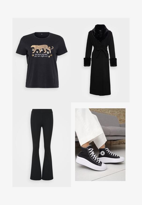 Zwarte robe met een nep bont sjaalkraag en manchetten, ceintuur in de taille, lange mouwen en een rechte zoom. Soepele textuur, elegante uitstraling.; Zwarte katoenen T-shirt met een gouden luipaardafbeelding en de tekst "BLIJF VRIJ EN WILD maar wees anders" eronder. Korte mouwen, ronde hals.; Zwarte uitlopende broek van rekbaar materiaal, met een hoge tailleband en een gladde textuur. De broek loopt uit vanaf de knie.; Zwarte canvas hoge sneakers met witte rubberen zolen en veters. Voorzien van een cirkelvormig logo aan de zijkant en contrasterende witte stiksels.