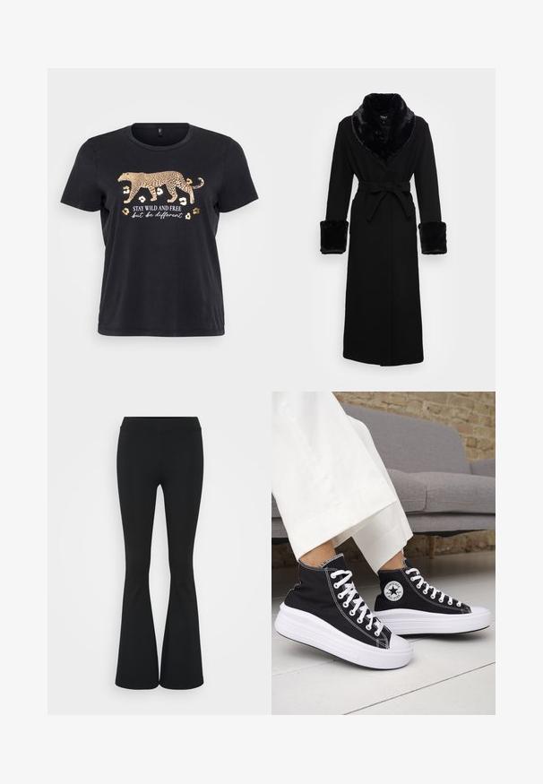 Robe noire avec un col châle en fausse fourrure et des poignets, taille ceinturée, manches longues et ourlet droit. Texture lisse, design élégant.; T-shirt en coton noir avec un graphisme de léopard en or et le texte "RESTE SAUVAGE ET LIBRE mais sois différent" en dessous. Manches courtes, col rond.; Pantalon évasé noir en tissu extensible, présentant une taille haute et une texture lisse. Le pantalon s'élargit à partir du genou.; Baskets montantes noires avec semelles et lacets en caoutchouc blanc. Dotées d'un patch logo rond et de surpiqûres blanches contrastantes. Matière en toile.