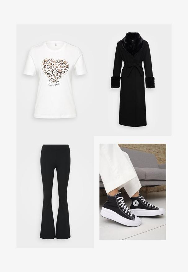 Black robe with a faux fur shawl collar and cuffs, belted waist, long sleeves, and a straight hem. Smooth texture, elegant design.; White cotton t-shirt featuring a heart graphic with a leopard print pattern in pink, orange, and black, and the text “Love never fails” below.; Black flared pants made of stretchy fabric, featuring a high waistband and a smooth texture. The pants flare out from the knee.; Black canvas high-top sneakers with white rubber soles and laces. Features a circular logo on the side and contrasting white stitching.