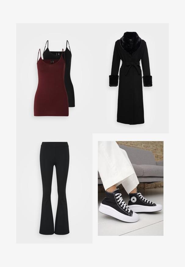 Black robe with a faux fur shawl collar and cuffs, belted waist, long sleeves, and a straight hem. Smooth texture, elegant design.; Pack of two tank tops: one in dark burgundy and one in black. Made of soft, stretchable fabric with thin spaghetti straps and a v-neck design.; Black flared pants made of stretchy fabric, featuring a high waistband and a smooth texture. The pants flare out from the knee.; Black canvas high-top sneakers with white rubber soles and laces. Features a circular logo on the side and contrasting white stitching.