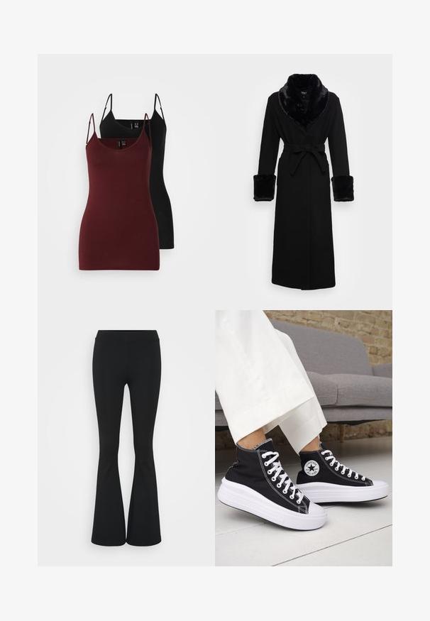 Svart kappa med en fuskpälskrage och manschetter, bälte i midjan, långa ärmar och rak fåll. Slät textur, elegant design.; Paket med två linnen: ett i mörkbordeaux och ett i svart. Tillverkade av mjukt, stretchigt tyg med tunna axelband och en V-ringning.; Svarta utsvängda byxor i elastiskt tyg med hög midja och en mjuk textur. Byxorna vidgar sig från knäet.; Svarta höga sneakers med vita gummisulor och snören. Har en rund logotypmärke och kontrasterande vita sömmar. Tillverkade av canvasmaterial.