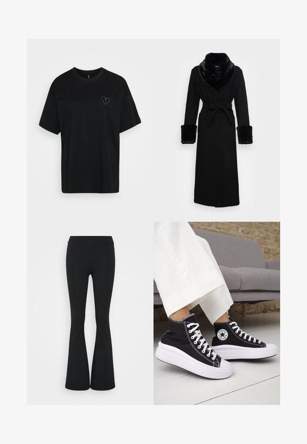 Juoda mantija su dirbtinės odos šalikėlėmis ir rankogaliais, diržo juosmeniu, ilgomis rankovėmis ir tiesiu našiu. Sklandi tekstūra, elegantiškas dizainas.; Juodas medvilnės marškinėliai su laisvu siluetu, trumpomis rankovėmis, apvalia iškirpte ir mažo šviesiai pilko širdelės raštu ant kairiojo krūtinės.; Juodai platėjantys kelnių, pagamintų iš tamprių medžiagų, kurie turi aukštą juosmenį ir lygią tekstūrą. Kelnės platėja nuo kelio.; Juodi aukštakulniai sportbačiai su baltais guminiu padu ir raišteliais. Ant jų yra apvalus logotipo lopas ir kontrastingos baltos siūlės. Pagaminti iš drobės medžiagos.