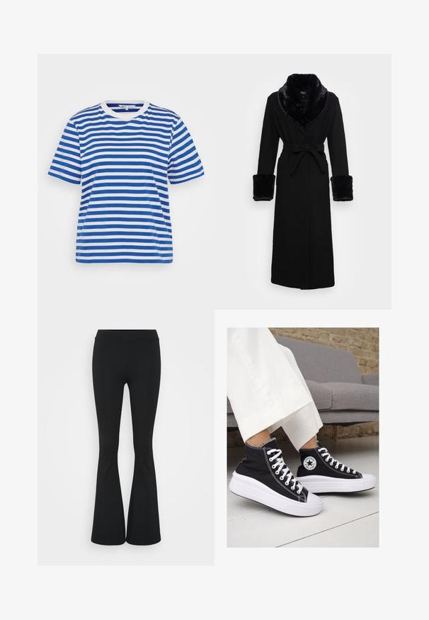 Ropa negra con un chal color de piel sintético y puños, cinturilla ajustada, mangas largas y un dobladillo recto. Textura suave, diseño elegante.; Camiseta de rayas azul y blanca con mangas cortas, cuello redondo y corte relajado. Fabricada en tela de algodón con una textura suave.; Pantalones negros de campana hechos de una tela elástica, con una cintura alta y una textura suave. Los pantalones se ensanchan desde la rodilla.; Zapatillas altas de lona negra con suelas y cordones de goma blanca. Presentan un logo circular en el lateral y costuras blancas en contraste.
