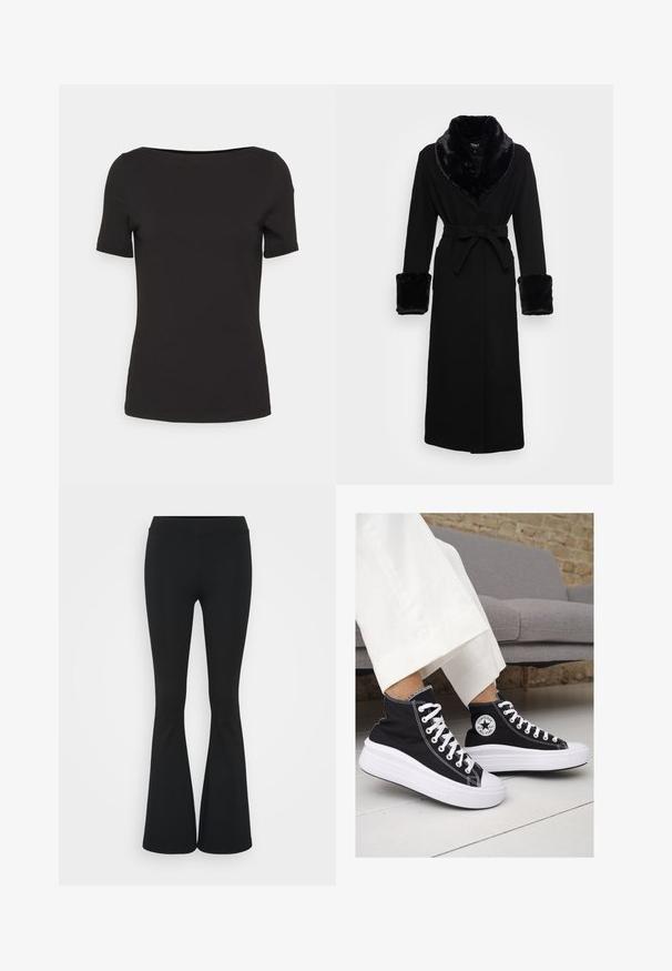 Černý plášť s límcem a manžetami z umělé kožešiny, pasem na šňůru, dlouhými rukávy a rovného spodního okraje. Hladká textura, elegantní design.; Černé tričko s krátkým rukávem a čtvercovým výstřihem, vyrobené z hladkého materiálu, s přiléhavým střihem a bez viditelných vzorů nebo akcentů.; Černé zvonové kalhoty vyrobené z elastického materiálu, s vysokým pasem a hladkou texturou. Kalhoty se rozšiřují od kolene.; Černé vysoké plátěné tenisky s bílými gumovými podrážkami a tkaničkami. Na boku mají kulaté logo a kontrastní bílé švy.