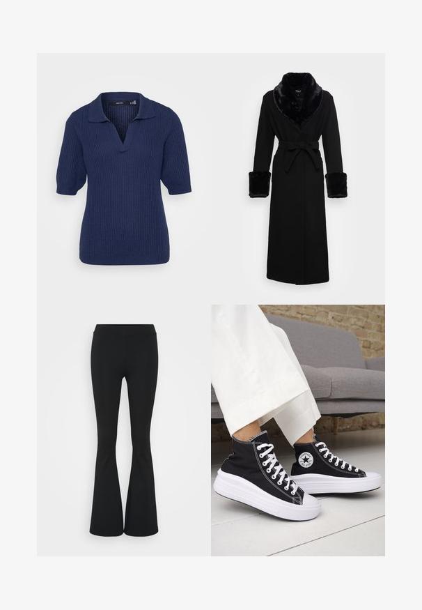 Svart kappe med krage og mansjetter i kunstpels, belte i midjen, lange ermer og rett kant. Glatt tekstur, elegant design.; Mørkeblå strikket polo T-skjorte med kort erme og V-hals, med ribbestruktur. Har klassisk krage og lett puffete ermer.; Svarte flared bukser laget av elastisk stoff, med høy midje og en glatt tekstur. Buksene vidder ut fra kneet.; Svarte høye sneakers med hvite gummisåler og lisser. Har et rundt logo-merke og kontrasterende hvite sømmer. Laget av lerret.