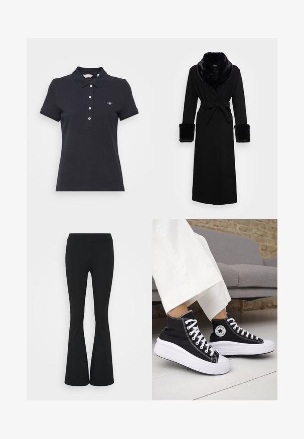 Svart kappe med krage og mansjetter i kunstpels, belte i midjen, lange ermer og rett kant. Glatt tekstur, elegant design.; Marineblå polo skjorte med korte ermer, tre-knappers knappestolpe, og en liten logo på venstre bryst. Laget av bomull med en glatt tekstur.; Svarte flared bukser laget av elastisk stoff, med høy midje og en glatt tekstur. Buksene vidder ut fra kneet.; Svarte høye sneakers med hvite gummisåler og lisser. Har et rundt logo-merke og kontrasterende hvite sømmer. Laget av lerret.
