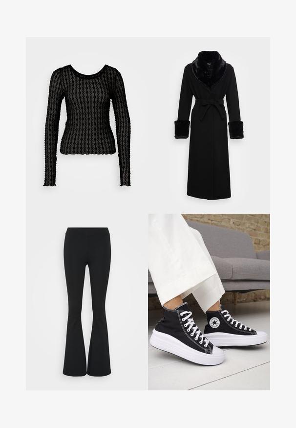 Roupa preta com um colarinho e punhos em pelagem sintética, cintura cingida, mangas longas e barra reta. Textura suave, design elegante.; Top preto de mangas longas feito de um tecido transparente e texturizado com um padrão de riscas em ondas. Tem um decote redondo e bordas de mangas com volantes.; Calças pretas de corte alargado feitas de tecido elástico, com uma cintura alta e uma textura suave. As calças alargam-se a partir do joelho.; Ténis pretos de cano alto com solas e atacadores em borracha branca. Apresentam um emblema redondo e costuras contrastantes em branco. Material em lona.