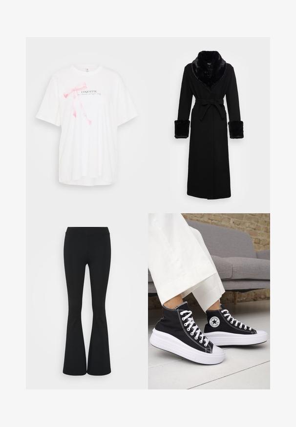 Sort kappe med krave og manchetter i faux pels, bælte i taljen, lange ærmer og lige kant. Glat tekstur, elegant design.; Hvid kortærmet t-shirt med et pink båndgrafik og teksten "COQUETTE" i sort. Blødt stof med en afslappet pasform.; Sorte flagrende bukser lavet af strækbart stof, med en høj talje og en glat tekstur. Bukserne flared fra knæet.; Sorte sneakers med højt skaft, hvide gummisåler og snørebånd. Har en rund logo-patch og kontrasterende hvide syninger. Fremstillet af lærredsmateriale.