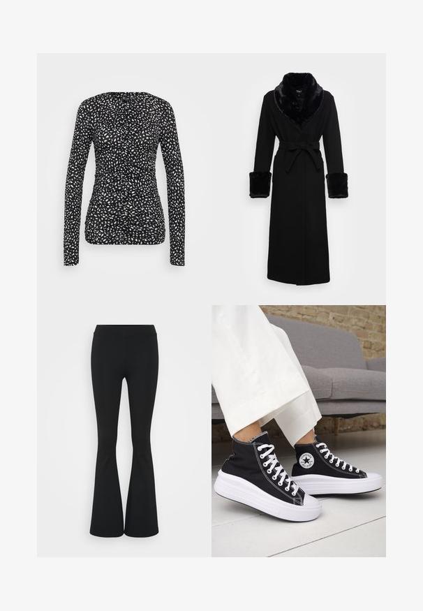Svart kappe med krage og mansjetter i kunstpels, belte i midjen, lange ermer og rett kant. Glatt tekstur, elegant design.; Langermet topp i svart med et uregelmessig prikkemønster i hvitt. Har et rynket design med teksturert stoff, tettsittende silhuett og rund hals.; Svarte flared bukser laget av elastisk stoff, med høy midje og en glatt tekstur. Buksene vidder ut fra kneet.; Svarte høye sneakers med hvite gummisåler og lisser. Har et rundt logo-merke og kontrasterende hvite sømmer. Laget av lerret.