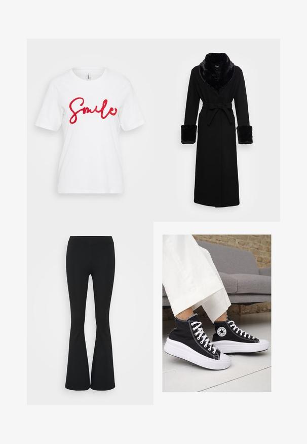 Juoda mantija su dirbtinės odos šalikėlėmis ir rankogaliais, diržo juosmeniu, ilgomis rankovėmis ir tiesiu našiu. Sklandi tekstūra, elegantiškas dizainas.; Balta medvilnės marškinėliai su raudonu, tekstūruotu "Šypsena" grafiniu elementu ant krūtinės. Trumpomis rankovėmis ir apvaliu iškirpimu.; Juodai platėjantys kelnių, pagamintų iš tamprių medžiagų, kurie turi aukštą juosmenį ir lygią tekstūrą. Kelnės platėja nuo kelio.; Juodi kanvasiniai aukšti sportbačiai su baltais guminiais padu ir raišteliais. Šonuose yra apskritas logotipas ir ryški balta siūlė.