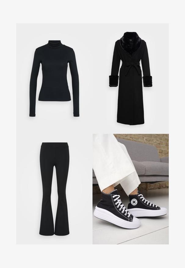 Schwarzer Umhang mit einem Kragen und Bündchen aus Kunstfell, tailliert, langen Ärmeln und geradem Saum. Glatte Textur, elegantes Design.; Schwarzer, langärmeliger, gerippter Rollkragenpullover mit figurbetonter Silhouette auf einem einfarbigen hellen Hintergrund.; Schwarze, ausgestellte Hosen aus dehnbarem Material mit hohem Bund und glatter Textur. Die Hose weitet sich ab dem Knie.; Schwarze High-Top-Sneaker mit weißen Gummisohlen und Schnürsenkeln. Verfügt über ein rundes Logo-Patch und kontrastierende weiße Nähte. Aus Canvas-Material.