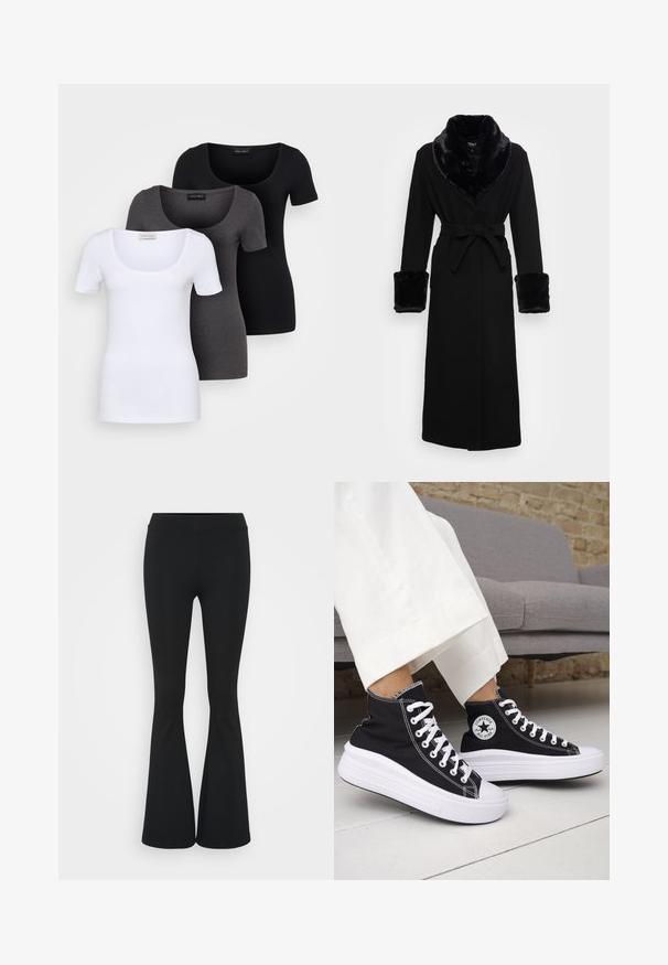 Črna roba z ovratnikom in manšeti iz umetnega krzna, z pasom, dolgimi rokavi in ravnim robom. Gladka tekstura, eleganten dizajn.; Tri prilegla majica v beli, sivi in črni barvi. Vsaka ima širok izrez na vratu in kratke rokave. Narejene so iz gladkega, raztegljivega materiala.; Črne hlače s širokimi hlačnicami, izdelane iz raztegljive tkanine, z visokim pasom in gladko teksturo. Hlače se širijo od kolena navzdol.; Črni visoki supergi z belimi gumijastimi podplati in vezalkami. Na njih je okrogel logotip in kontrastno belo šivanje. Iz blaga platna.