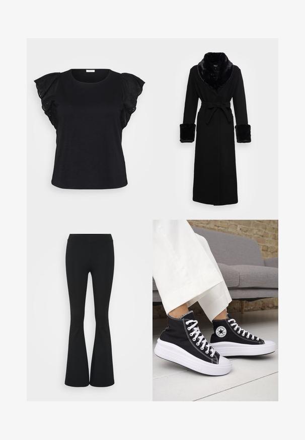 Zwarte robe met een nep bont sjaalkraag en manchetten, ceintuur in de taille, lange mouwen en een rechte zoom. Soepele textuur, elegante uitstraling.; Zwarte top met korte mouwen, voorzien van gedetailleerde gerimpelde mouwen met oogjesborduurwerk, wat een stijlvolle en elegante uitstraling biedt.; Zwarte uitlopende broek van rekbaar materiaal, met een hoge tailleband en een gladde textuur. De broek loopt uit vanaf de knie.; Zwarte hoge sneakers met witte rubberen zolen en veters. Voorzien van een ronde logo patch en contrasterende witte stiksels. Gemaakt van canvas.