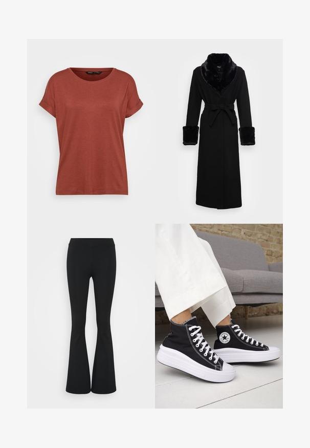 Fekete köpeny műszőrme sálgallérral és mandzsettákkal, övvel meghúzott derékkal, hosszú ujjakkal és egyenes szegéllyel. Sima textúra, elegáns dizájn.; Piros, rövid ujjú póló, puha anyagból készült. Kerek nyakú, felgöngyölt ujjak és laza szabás jellemzi, sima textúrával.; Fekete harangszárú nadrág, rugalmas anyagból készült, magas derékkal és sima felülettel. A nadrág a térdtől kezdve bővül.; Fekete magas szárú tornacipők fehér gumitalppal és fűzővel. Kör alakú logófolttal és kontrasztos fehér varrással. Vászon anyagból.