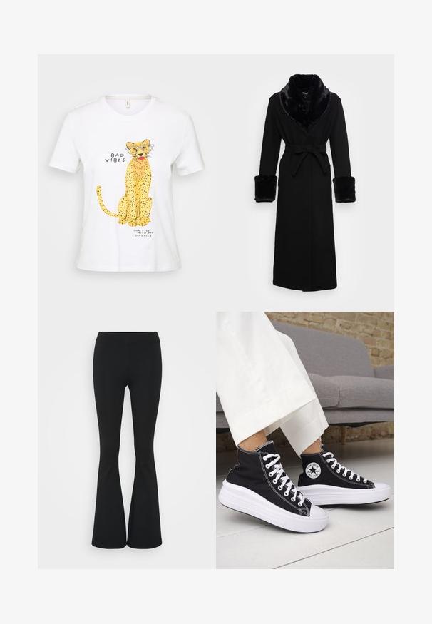 Sort kappe med krave og manchetter i faux pels, bælte i taljen, lange ærmer og lige kant. Glat tekstur, elegant design.; Hvid bomulds t-shirt med et gult leopard grafik iført briller, teksten "BAD VIBES" og "DON'T GO WITH MY LIPSTICK" i sort skrift.; Sorte flagrende bukser lavet af strækbart stof, med en høj talje og en glat tekstur. Bukserne flared fra knæet.; Sorte sneakers med højt skaft, hvide gummisåler og snørebånd. Har en rund logo-patch og kontrasterende hvide syninger. Fremstillet af lærredsmateriale.