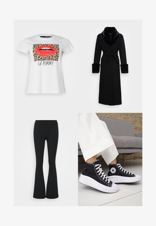 Crna haljina s ovratnikom i manžetama od umjetnog krzna, s pojasom u struku, dugim rukavima i ravnim rubom. Glatka tekstura, elegantan dizajn.; Bijela pamučna majica s grafikom crvenih usana i pozadinom s tigrastim uzorkom, s natpisom "LA FEMME" ispod u crnoj boji. Kratki rukavi.; Crne trapezaste hlače od rastezljivog materijala, sa visokim pojasom i glatkom teksturom. Hlače se šire od koljena.; Crne tenisice visoke košarke s bijelim gumenim potplatom i vezicama. Imaju okruglu logotipsku zakrpu i kontrastni bijeli šav. Materijal od platna.