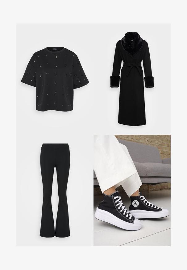 Roupa preta com um colarinho e punhos em pelagem sintética, cintura cingida, mangas longas e barra reta. Textura suave, design elegante.; Camisa preta de manga curta feita de um tecido suave, com pinos metálicos dispersos como decoração. Decote redondo simples e design de corte solto.; Calças pretas de corte alargado feitas de tecido elástico, com uma cintura alta e uma textura suave. As calças alargam-se a partir do joelho.; Ténis pretos de cano alto com solas e atacadores em borracha branca. Apresentam um emblema redondo e costuras contrastantes em branco. Material em lona.