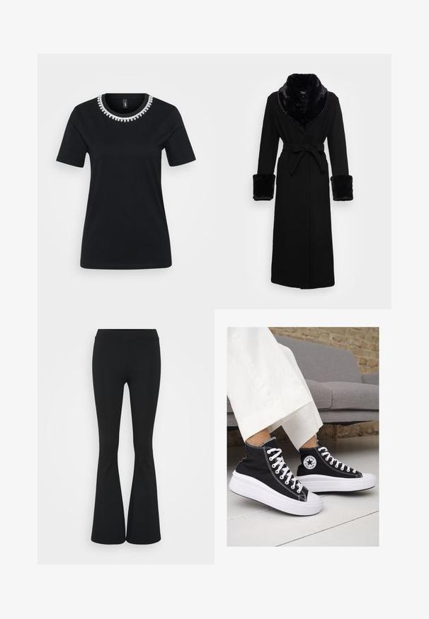Černý plášť s límcem a manžetami z umělé kožešiny, pasem na šňůru, dlouhými rukávy a rovného spodního okraje. Hladká textura, elegantní design.; Černé tričko s krátkými rukávy a dekorativním perlovým límcem. Vyrobeno z měkké látky, má standardní střih a kulatý lem.; Černé zvonové kalhoty vyrobené z elastického materiálu, s vysokým pasem a hladkou texturou. Kalhoty se rozšiřují od kolene.; Černé vysoké plátěné tenisky s bílými gumovými podrážkami a tkaničkami. Na boku mají kulaté logo a kontrastní bílé švy.