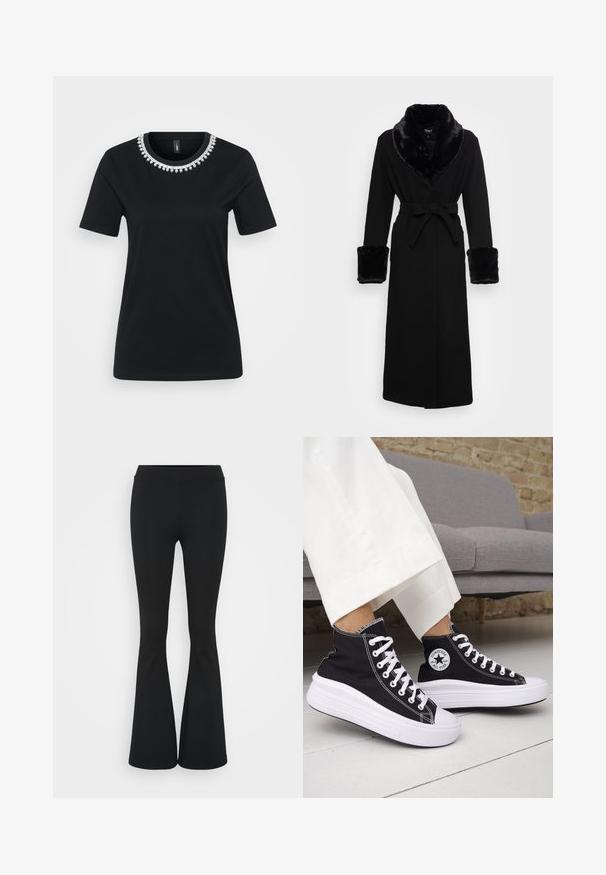 Ropa negra con un chal color de piel sintético y puños, cinturilla ajustada, mangas largas y un dobladillo recto. Textura suave, diseño elegante.; Camiseta negra de manga corta con un cuello decorativo de cuentas. Fabricada en una tela suave, con un corte estándar y dobladillo redondeado.; Pantalones negros de campana hechos de una tela elástica, con una cintura alta y una textura suave. Los pantalones se ensanchan desde la rodilla.; Zapatillas altas negras con suelas de goma blancas y cordones blancos. Presentan un parche redondo con logo y costuras blancas contrastantes. Material de lona.