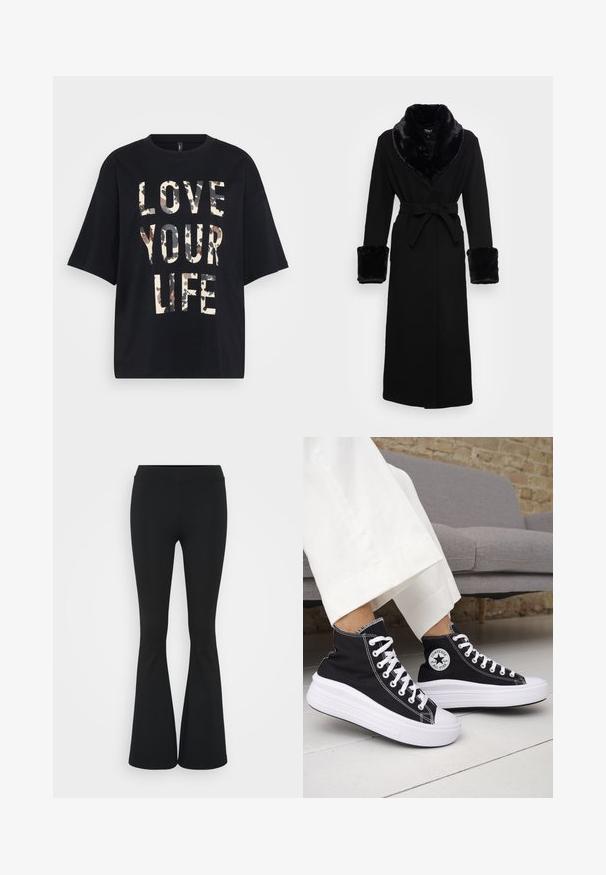 Sort kappe med krave og manchetter i faux pels, bælte i taljen, lange ærmer og lige kant. Glat tekstur, elegant design.; Sort T-shirt med korte ærmer, der har stor beige og brun camouflage-tekst "ELSK DIT LIV" på forsiden.; Sorte flagrende bukser lavet af strækbart stof, med en høj talje og en glat tekstur. Bukserne flared fra knæet.; Sorte sneakers med højt skaft, hvide gummisåler og snørebånd. Har en rund logo-patch og kontrasterende hvide syninger. Fremstillet af lærredsmateriale.