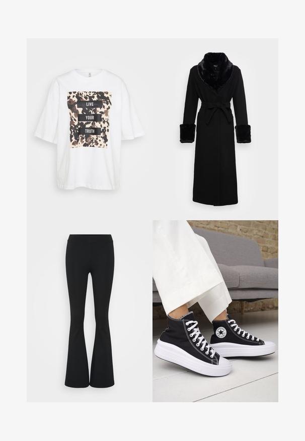 Zwarte robe met een nep bont sjaalkraag en manchetten, ceintuur in de taille, lange mouwen en een rechte zoom. Soepele textuur, elegante uitstraling.; Witte oversized T-shirt met korte mouwen, voorzien van een bruin en zwart abstract patroon en de tekst "LEEF JE WAARHEID" in vetgedrukte zwarte blokken.; Zwarte uitlopende broek van rekbaar materiaal, met een hoge tailleband en een gladde textuur. De broek loopt uit vanaf de knie.; Zwarte hoge sneakers met witte rubberen zolen en veters. Voorzien van een ronde logo patch en contrasterende witte stiksels. Gemaakt van canvas.