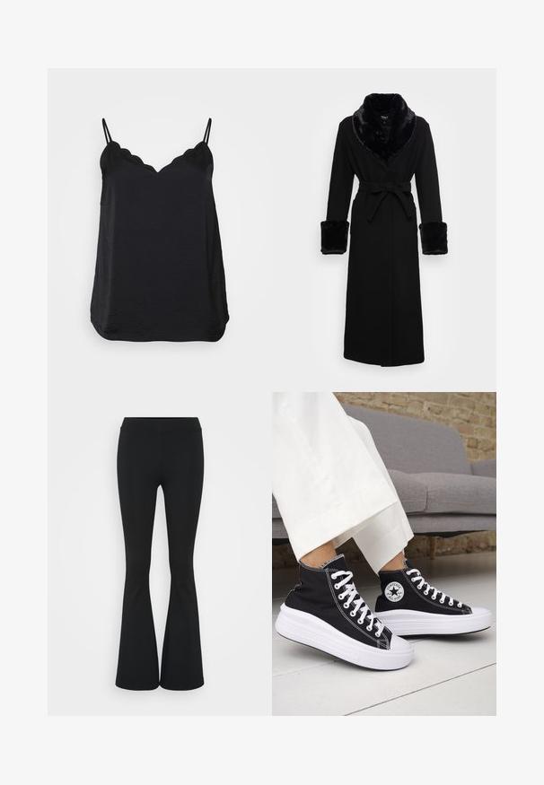 Svart kappe med krage og mansjetter i kunstpels, belte i midjen, lange ermer og rett kant. Glatt tekstur, elegant design.; Svart camiset med tynne justerbare stropper, bølget halslinje og glatt, lett stoff. Har en avslappet silhuett og buet kant.; Svarte flared bukser laget av elastisk stoff, med høy midje og en glatt tekstur. Buksene vidder ut fra kneet.; Svarte høye sneakers med hvite gummisåler og lisser. Har et rundt logo-merke og kontrasterende hvite sømmer. Laget av lerret.