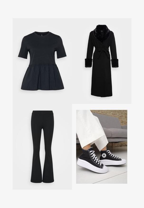Černý plášť s límcem a manžetami z umělé kožešiny, pasem na šňůru, dlouhými rukávy a rovného spodního okraje. Hladká textura, elegantní design.; Černé tričko s krátkými rukávy, kulatým výstřihem a nařaseným pasem vedoucím do rozšířeného peplum lemu. Měkká struktura látky.; Černé zvonové kalhoty vyrobené z elastického materiálu, s vysokým pasem a hladkou texturou. Kalhoty se rozšiřují od kolene.; Černé vysoké plátěné tenisky s bílými gumovými podrážkami a tkaničkami. Na boku mají kulaté logo a kontrastní bílé švy.
