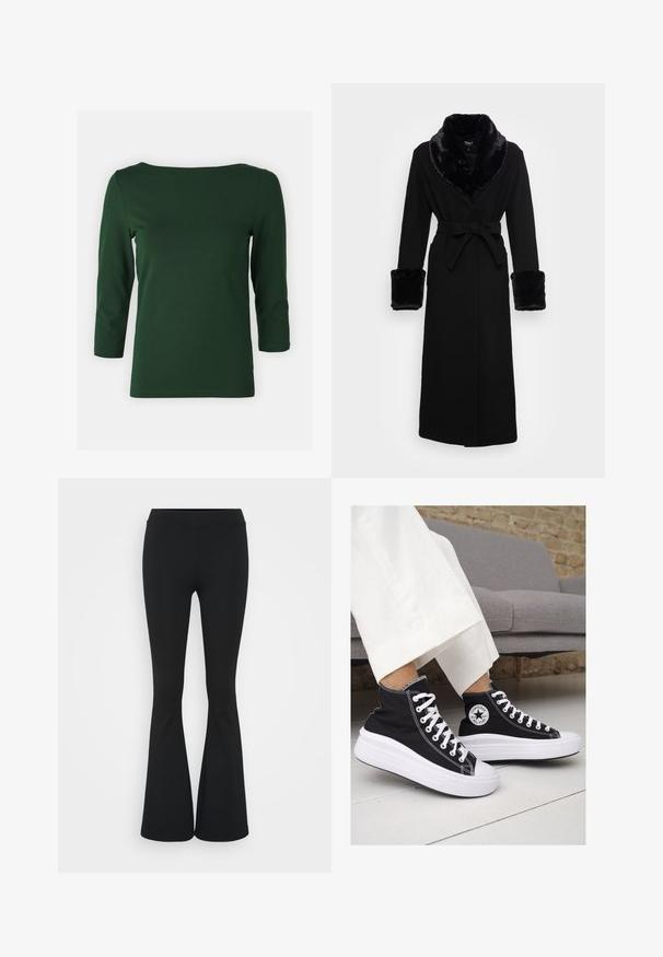 Schwarzer Umhang mit einem Kragen und Bündchen aus Kunstfell, tailliert, langen Ärmeln und geradem Saum. Glatte Textur, elegantes Design.; Dunkelgrünes, langärmliges Oberteil mit einem Bootsausschnitt. Glatte Textur, figurbetontes Design und ärmellänge bis zur Mitte des Oberarms. Keine sichtbaren Muster oder Akzente.; Schwarze, ausgestellte Hosen aus dehnbarem Material mit hohem Bund und glatter Textur. Die Hose weitet sich ab dem Knie.; Schwarze Canvas-Hochtop-Sneakers mit weißen Gummisohlen und Schnürsenkeln. Mit einem runden Logo an der Seite und kontrastierendem weißen Nähten.
