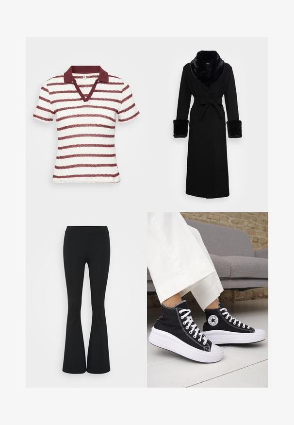 Roupa preta com um colarinho e punhos em pelagem sintética, cintura cingida, mangas longas e barra reta. Textura suave, design elegante.; Polo de manga curta às riscas em branco e bordô. Apresenta um decote em V e colarinho canelado. Tecido texturizado com riscas horizontais.; Calças pretas de corte alargado feitas de tecido elástico, com uma cintura alta e uma textura suave. As calças alargam-se a partir do joelho.; Ténis pretos de cano alto com solas e atacadores em borracha branca. Apresentam um emblema redondo e costuras contrastantes em branco. Material em lona.