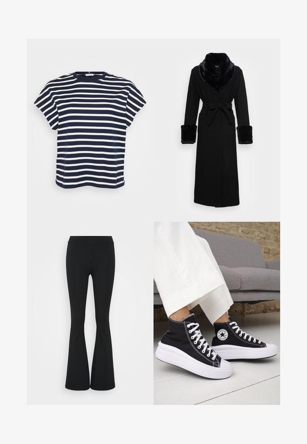 Schwarzer Umhang mit einem Kragen und Bündchen aus Kunstfell, tailliert, langen Ärmeln und geradem Saum. Glatte Textur, elegantes Design.; Marineblaues und weiß gestreiftes T-Shirt mit kurzen Ärmeln und Rundhalsausschnitt, außerdem mit dekorativen Knöpfen an einer Schulter.; Schwarze, ausgestellte Hosen aus dehnbarem Material mit hohem Bund und glatter Textur. Die Hose weitet sich ab dem Knie.; Schwarze High-Top-Sneaker mit weißen Gummisohlen und Schnürsenkeln. Verfügt über ein rundes Logo-Patch und kontrastierende weiße Nähte. Aus Canvas-Material.