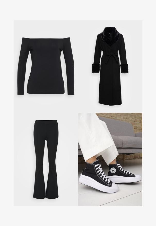 Black robe with a faux fur shawl collar and cuffs, belted waist, long sleeves, and a straight hem. Smooth texture, elegant design.; Black long-sleeve top with an off-the-shoulder design, made from a smooth, stretchy fabric, featuring a fitted silhouette and no visible patterns.; Black flared pants made of stretchy fabric, featuring a high waistband and a smooth texture. The pants flare out from the knee.; Black high-top sneakers with white rubber soles and laces. Features a round logo patch and contrasting white stitching. Canvas material.