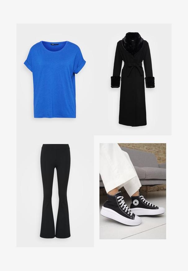 Fekete köpeny műszőrme sálgallérral és mandzsettákkal, övvel meghúzott derékkal, hosszú ujjakkal és egyenes szegéllyel. Sima textúra, elegáns dizájn.; Kék pamut póló kerek nyakkivágással, felgöngyölt rövid ujjakkal és laza szabással. Simább tapintású, minta nélkül, egyenes szegéssel.; Fekete harangszárú nadrág, rugalmas anyagból készült, magas derékkal és sima felülettel. A nadrág a térdtől kezdve bővül.; Fekete vászon magas szárú tornacipők fehér gumitalppal és fűzővel. Az oldalon egy kör alakú logó található, és kontrasztos fehér varrásokkal rendelkezik.