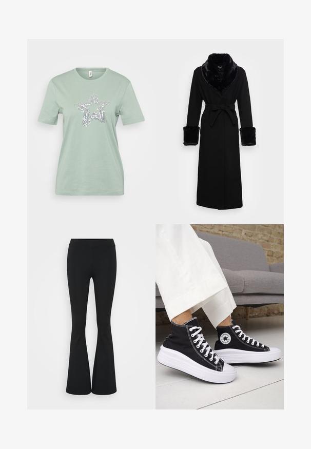 Roupa preta com um colarinho e punhos em pelagem sintética, cintura cingida, mangas longas e barra reta. Textura suave, design elegante.; T-shirt de algodão verde-claro com mangas curtas, apresentando um design de estrela com lantejoulas prateadas no centro. Textura suave, decote redondo padrão.; Calças pretas de corte alargado feitas de tecido elástico, com uma cintura alta e uma textura suave. As calças alargam-se a partir do joelho.; Ténis pretos de cano alto com solas e atacadores em borracha branca. Apresentam um emblema redondo e costuras contrastantes em branco. Material em lona.