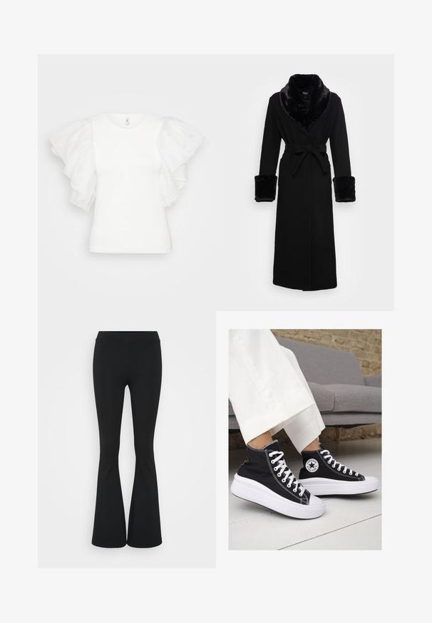 Must mustükk mustaga kunstkarusnahast kaeluse ja mansettidega, vöökoht, pikad varrukad ja sirge äärega. Sile tekstuur, elegantne disain.; Valge t-särk lühikeste varrukatega, millel on läbipaistvad, kihilised volangid. Kanga pind näeb välja siledana ja kaelus on ümmargune.; Mustad flared püksid venivast kangast, kõrge vöökoht ja sile tekstuur. Püksid laienevad põlve kohalt.; Mustad musträgiga kõrge vars sneakerid valgete kummist tallade ja paeltega. Küljel on ringikujuline logo ja kontrastne valge õmblus.