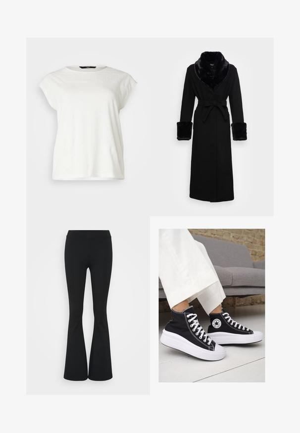 Fekete köpeny műszőrme sálgallérral és mandzsettákkal, övvel meghúzott derékkal, hosszú ujjakkal és egyenes szegéllyel. Sima textúra, elegáns dizájn.; Fehér, rövid ujjas póló, texturált csipke yoke-ral, kerek nyakkivágással és laza fazonnal. Puha pamut anyag, finom részletekkel a vállakon.; Fekete harangszárú nadrág, rugalmas anyagból készült, magas derékkal és sima felülettel. A nadrág a térdtől kezdve bővül.; Fekete vászon magas szárú tornacipők fehér gumitalppal és fűzővel. Az oldalon egy kör alakú logó található, és kontrasztos fehér varrásokkal rendelkezik.