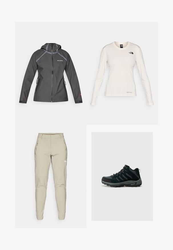 Tummanharmaa vedenpitävä takki, jossa on huppu, sauma-akkentit, vetoketjulliset taskut ja logo rinnassa. Rakenne on teksturoitu.; The North Face SHADOW LONG SLEEVE - Pitkähihainen paita - white dune; Beige, slim-fit ulkoiluhousut, joissa on sileä pinta ja sivuilla vetoketjulliset taskut, sekä pieni logo reidessä. Kapeat nilkka-avaukset.; Columbia REDMOND - Vaelluskengät - black/citron haze
