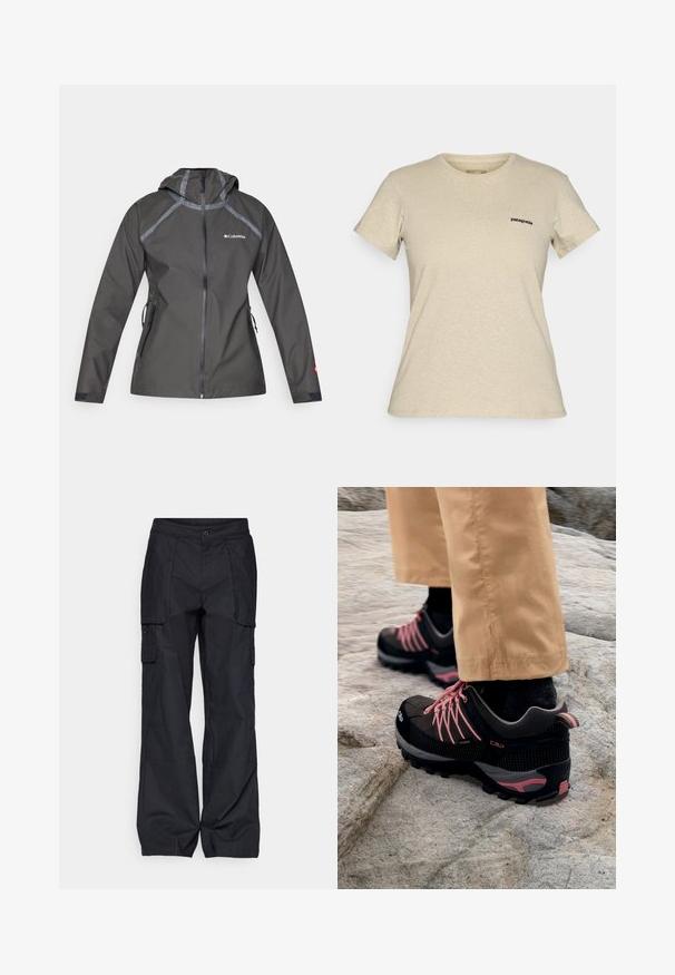 Temno siva vodoodporna jakna s kapuco, ki ima šiveče akcentne dele, zadrgo žepov in logotip na prsih. Teksturna tkanina.; Bežna kratkotrajna majica s kratkimi rokavi Patagonia s crew neck ovratom in majhnim črnim logotipom na levi prsni strani, prikazana na enostavni podlagi.; Columbia BREA FALLS™ COTTON RIPSTOP PANT - Hlače za na prostem - black; Črne in sive pohodniške čevlje z roza detajli, z teksturirano zgornjim delom, ojačanim zaščitnim pokrovom prstov in trdim podplatom, ležeči na skalnatem terenu.