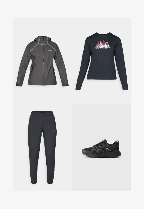 Temno siva vodoodporna jakna s kapuco, ki ima šiveče akcentne dele, zadrgo žepov in logotip na prsih. Teksturna tkanina.; Majica z dolgimi rokavi temno siva z grafiko rdečih dreves in gora; logotip "COLUMBIA" v krepki beli barvi. Mehka tkanina, standarden krojen ovratnik.; Črne športne hlače iz mehkega blaga; vsebujejo elastičen pas, zožane noge in stranske žepke, z logotipom na levem stegnu.; Columbia PEAKFREAK - Pohodniški čevlji - black