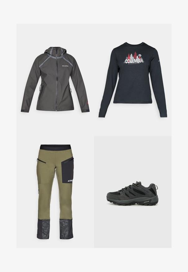 Tamno siva vodootporna jakna s kapuljačom, s naglašenim šavovima, zatvorenim džepovima i logom na prsima. Tekstura tkanine.; Majica dugih rukava tamnosive boje s grafikom crvenih drveća i planina; logo "COLUMBIA" u podebljanom bijelom tekstu. Mekana tkanina, standardni okrugli izrez.; Zelene tehničke hlače s crnim akcentima, zatvorenim džepovima i uzorkom na donjem dijelu nogu. Izrađene su od fleksibilnog, izdržljivog materijala.; Columbia REDMOND - Obuća za pješačenje - black/citron haze