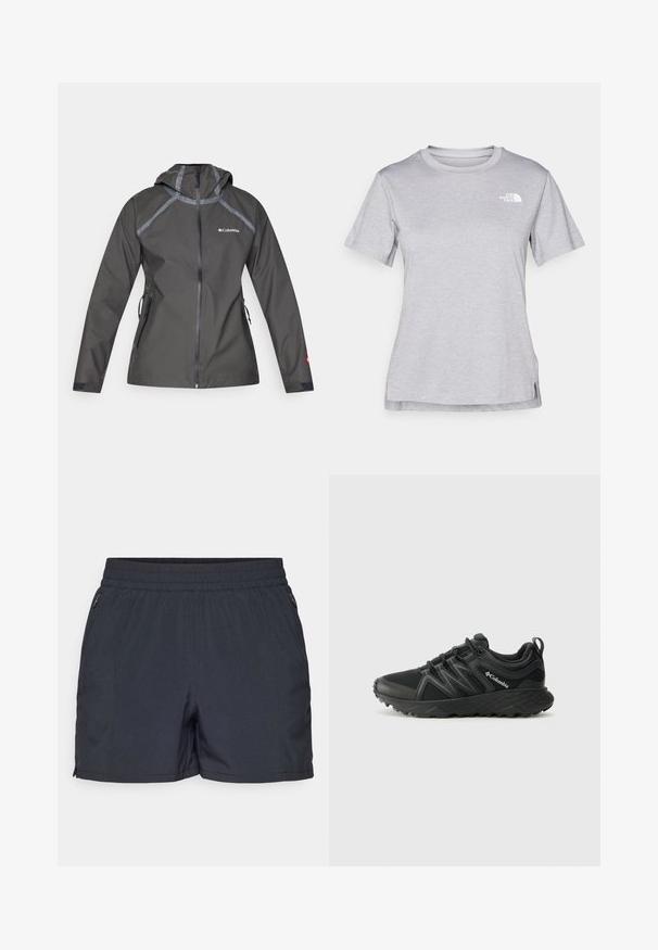 Dunkelgraue wasserdichte Jacke mit Kapuze, mit Nahtakzenten, Reißverschlusstaschen und einem Logo auf der Brust. Texturiertes Material.; Graues T-Shirt mit kurzen Ärmeln aus weichem, feuchtigkeitsableitendem Stoff. Hat einen Rundhalsausschnitt und ein kleines weißes Logo auf der oberen linken Seite.; Dunkelgraue Shorts aus leichtem Material, mit einem elastischen Bund, seitlichen Taschen mit Reißverschlüssen und geradem Schnitt.; Columbia PEAKFREAK - Hikingschuh - black