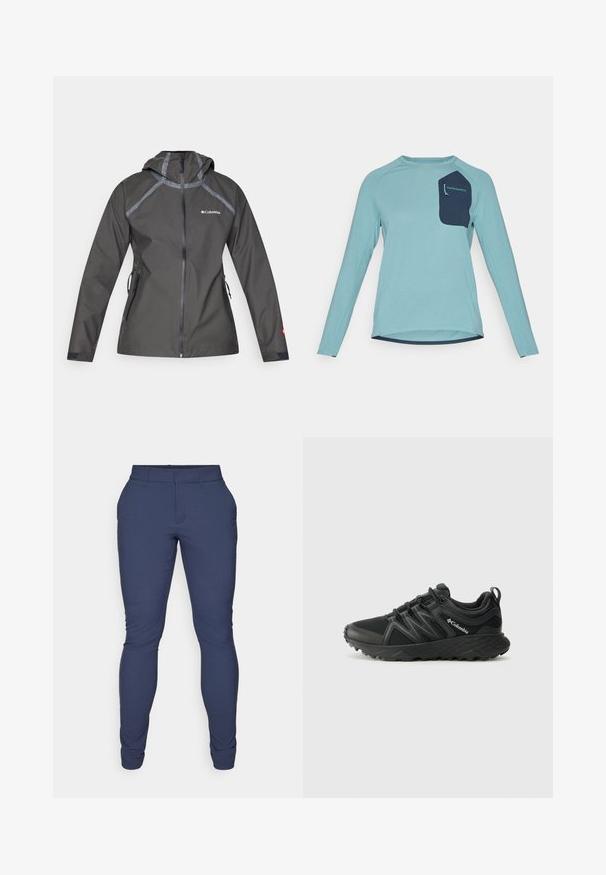 Veste étanche gris foncé avec capuche, dotée d'accents de couture, de poches zippées et d'un logo sur la poitrine. Tissu texturé.; Chemise à manches longues en tissu texturé bleu clair. Présente une poche navy avec logo. Encolure ronde et design à ourlet incurvé.; Pantalon marine en tissu lisse et élastique. Présente une coupe slim, une taille plate et des ouvertures de jambes effilées. Pas d'ornements visibles.; Columbia PEAKFREAK - Chaussures de marche - black