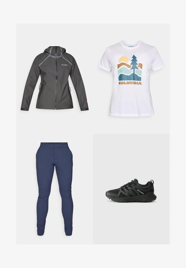 Tamno siva vodootporna jakna s kapuljačom, s naglašenim šavovima, zatvorenim džepovima i logom na prsima. Tekstura tkanine.; Bijela majica s kratkim rukavima s grafikom sunca, drveta, planina i riječi "Columbia" u smeđem tisku na prednjoj strani.; Mornarice od glatkog, rastezljivog materijala. Imaju uski kroj, ravni prednji dio i sužene otvorene nogavice. Bez vidljivih ukrasa.; Columbia PEAKFREAK - Obuća za pješačenje - black
