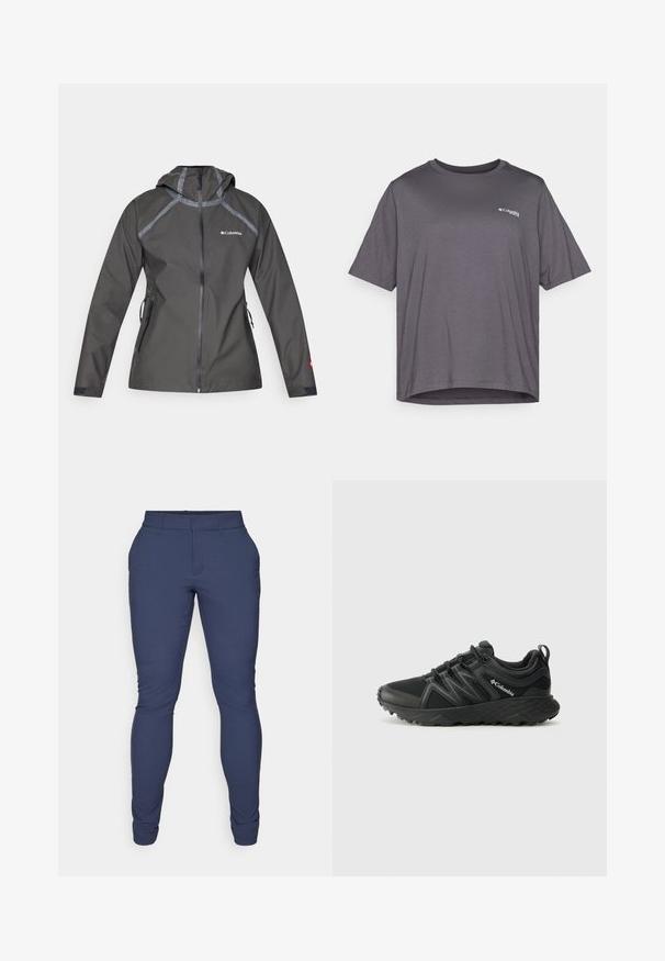 Tmavošedá nepremokavá bunda s kapucňou, s prešívaním, zipsovými vreckami a logom na hrudi. Textúrovaná tkanina.; Šedé tričko s krátkym rukávom vyrobené z hladkej látky. Má okrúhly výstrih a malé logo potlačené na hrudníku.; Námorné nohavice vyrobené z hladkej, elastickej tkaniny. Majú úzky strih, plochý predok a zužujúce sa otvory na nohách. Žiadne viditeľné ozdoby.; Columbia PEAKFREAK - Turistické topánky - black