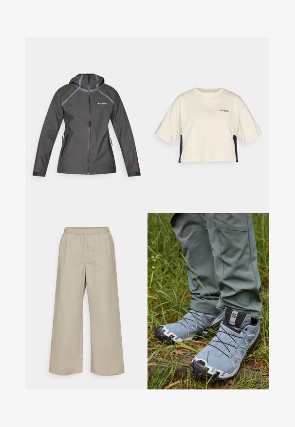 Tumedast hall vihmavaba jakk kapuutsiga, millel on õmbluste aktsendid, tõmblukuga taskud ja logo rinnal. Tekstuuriga kangas.; Kreemika värvi lühikeste varrukatega lühikese seljaga T-särk ümmarguse kaelusega, mustade külgpaneelidega; rinnal on väike must logo.; Laiad püksid hebedas beežis kangas, elastse vöökohtaga, sileda tekstuuriga ning ilma nähtavate metalldetailide või mustriteta.; Hallid hallad jooksujalatsid tekstureeritud pealispinnaga, mustade paeladega ja robustse tallaga, sobitatud roheliste kitsaste pükstega rohus.