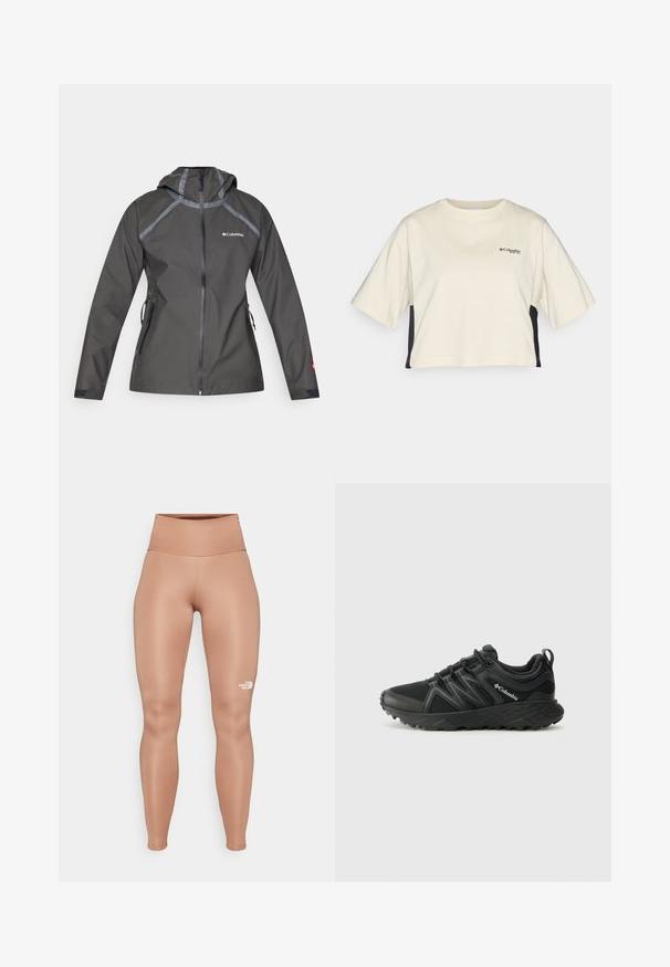 Tamno siva vodootporna jakna s kapuljačom, s naglašenim šavovima, zatvorenim džepovima i logom na prsima. Tekstura tkanine.; Kremasta skraćena majica s okruglim izrezom, kratkim rukavima i crnim bočnim panelima; ima mali crni logo na prsima.; Visoki tajice u boji svijetlosmeđe, priljubljene uz tijelo. Izrađene od glatkog, rastezljivog materijala s bijelim logotipom na lijevom bedru.; Columbia PEAKFREAK - Obuća za pješačenje - black
