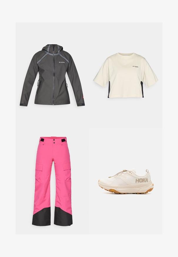 Donkergrijze waterdichte jas met capuchon, voorzien van naadaccenten, ritszakken en een logo op de borst. Geweven stof.; Crème kleurige cropped t-shirt met een ronde hals, korte mouwen en zwarte zijkanten; heeft een klein zwart logo op de borst.; Roze skibroek met een zwart ondergedeelte, gemaakt van duurzaam materiaal. Beschikt over cargozakken en een wijd beenontwerp voor comfort en bewegingsvrijheid.; HOKA TRANSPORT - Outdoorschoenen - eggnog