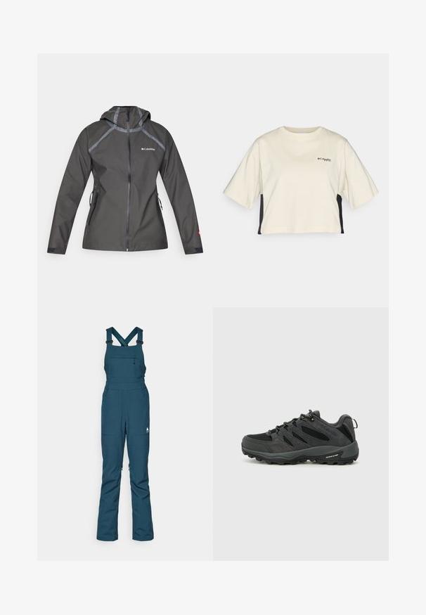 Sötétszürke vízálló dzseki kapucnival, varrásokkal kiemelt részletekkel, cipzáras zsebekkel és mellkasi logóval. Texturált anyag.; Krém színű, rövid fazonú póló, kerek nyakkal és rövid ujjakkal, fekete oldalsávokkal; kis fekete logóval a mellen.; Tölgy színű hószárnyú overall, állítható vállpántokkal, cipzáras mellzsebbel és két oldalsó zsebbel, tartós, időjárásálló anyagból készült.; Columbia REDMOND - Túracipők - black/citron haze